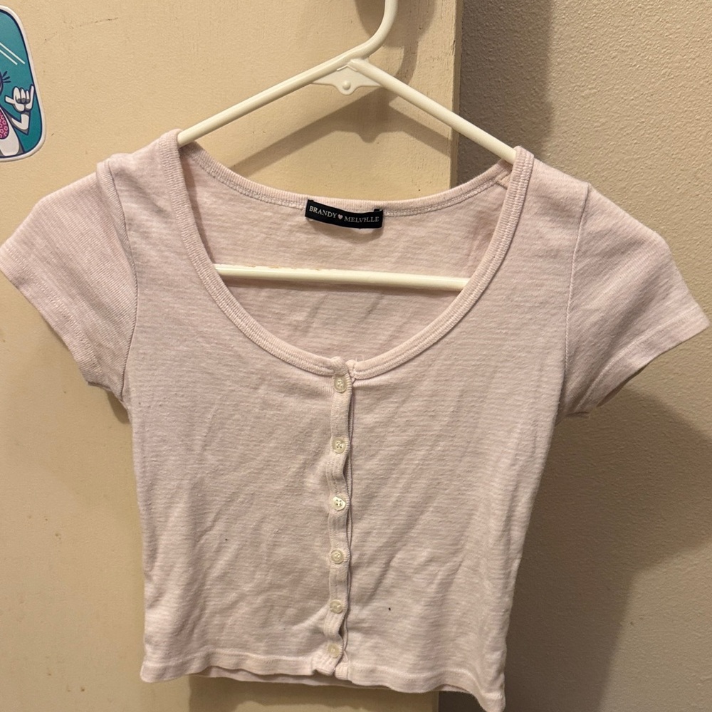 Brandy Melville Cream and Pink Button-Front Crop Top